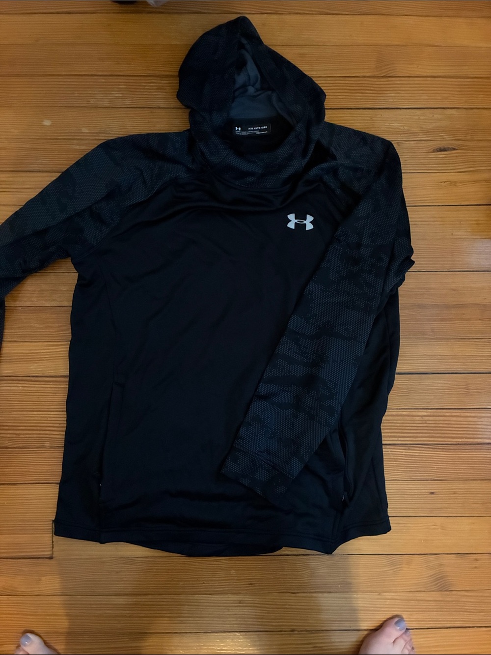 Under Armour Black Hooded Training Top with Subtle Patterned Sleeves